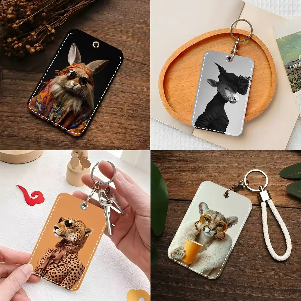 

1pc Eclectic Fashionista Animal Portrait Card Case Keychain Access Card Bag Key Tag Ring Leather Card Holder Key Ring Access