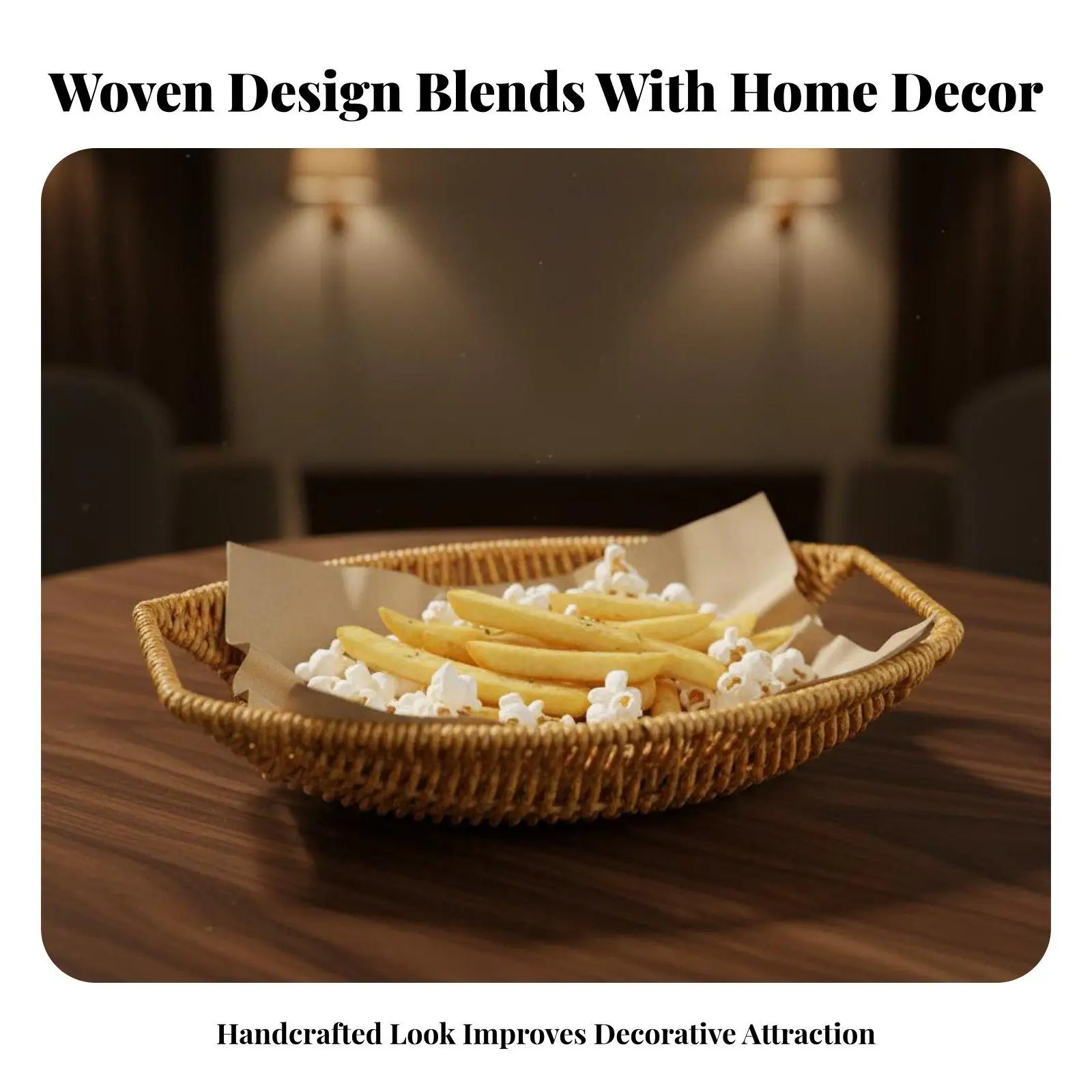 Rustic Style Rattan Snack Basket Large Food Serving Tray for Bread Fruits Vegetables Cafe Counter Display