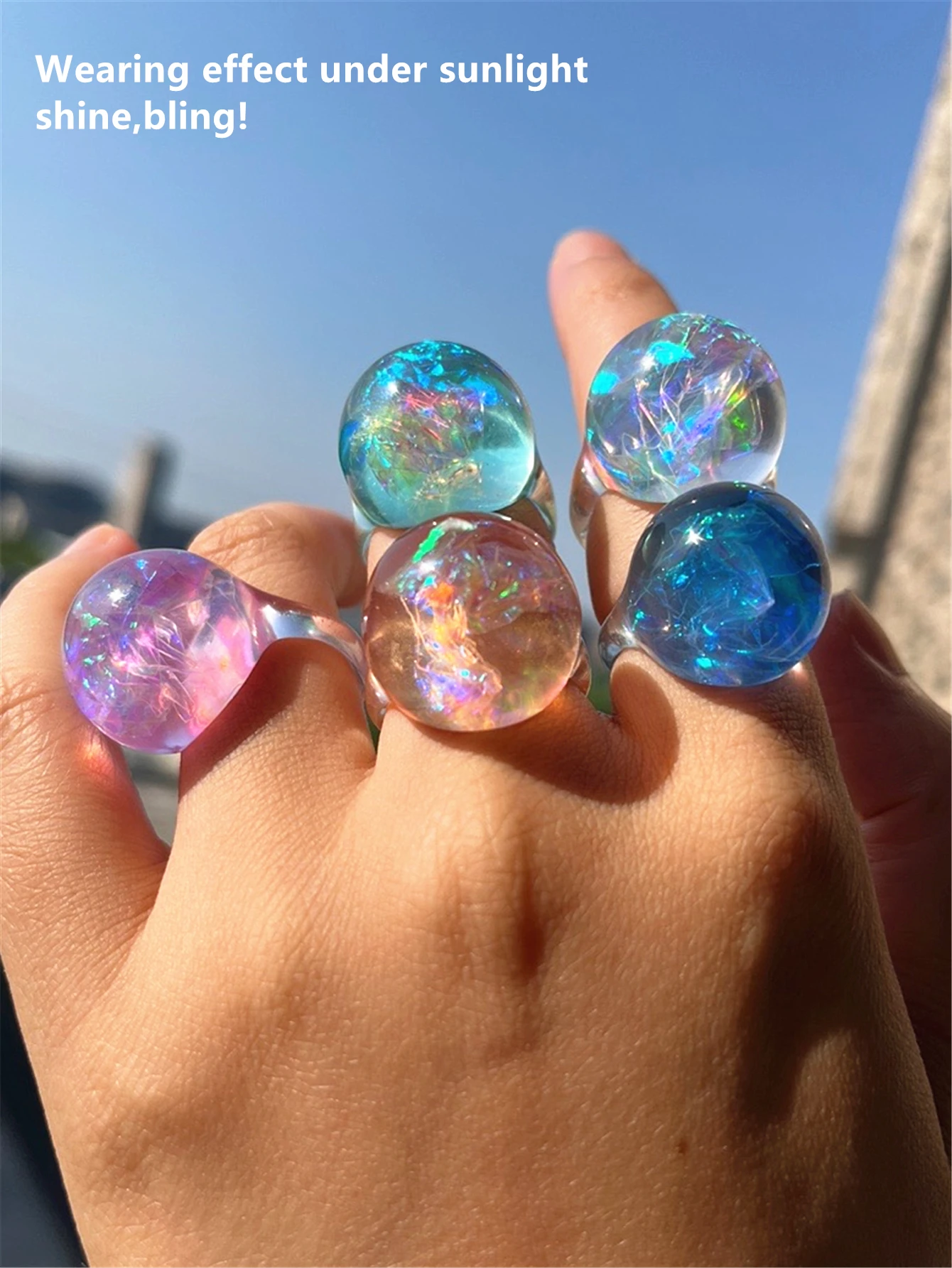 HUANZHI Colorful Transparent Resin Ring Bling Shine Geometric Star Ball Rings for Women Girls Cute Y2K Summer New Jewelry