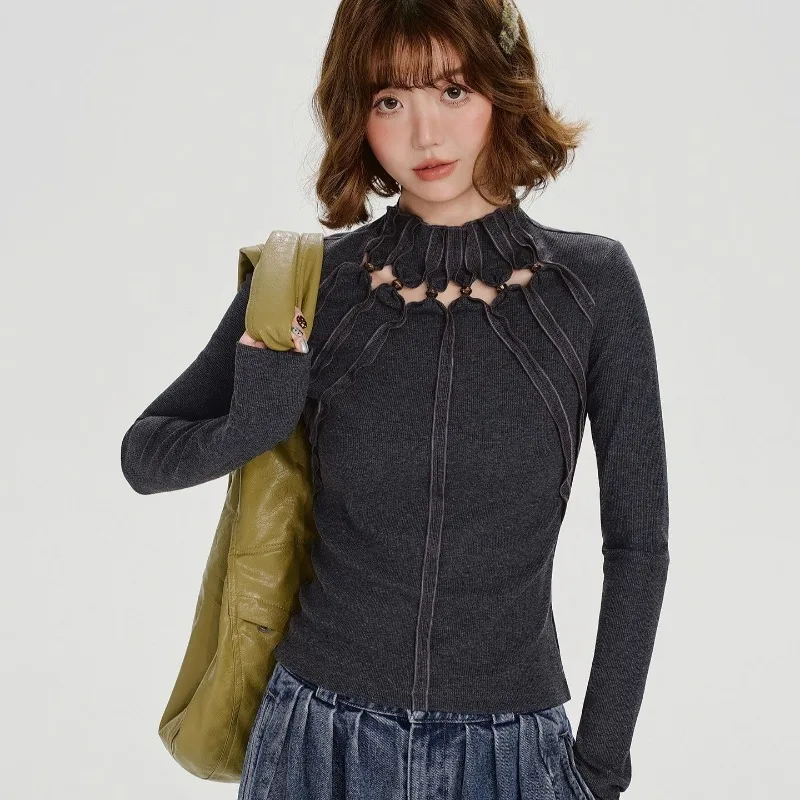 Camisetas de manga larga caladas para chica picante, Top corto de diseño ajustado liso Retro americano, ropa de calle gótica estética Y2k