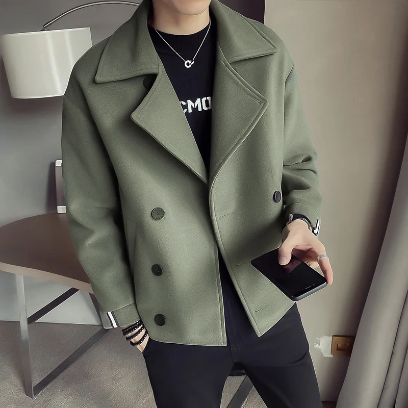 

2026 trendy brand woolen jacket jacket for men in spring and autumn slim fit and handsome short style suit collar simple woolen