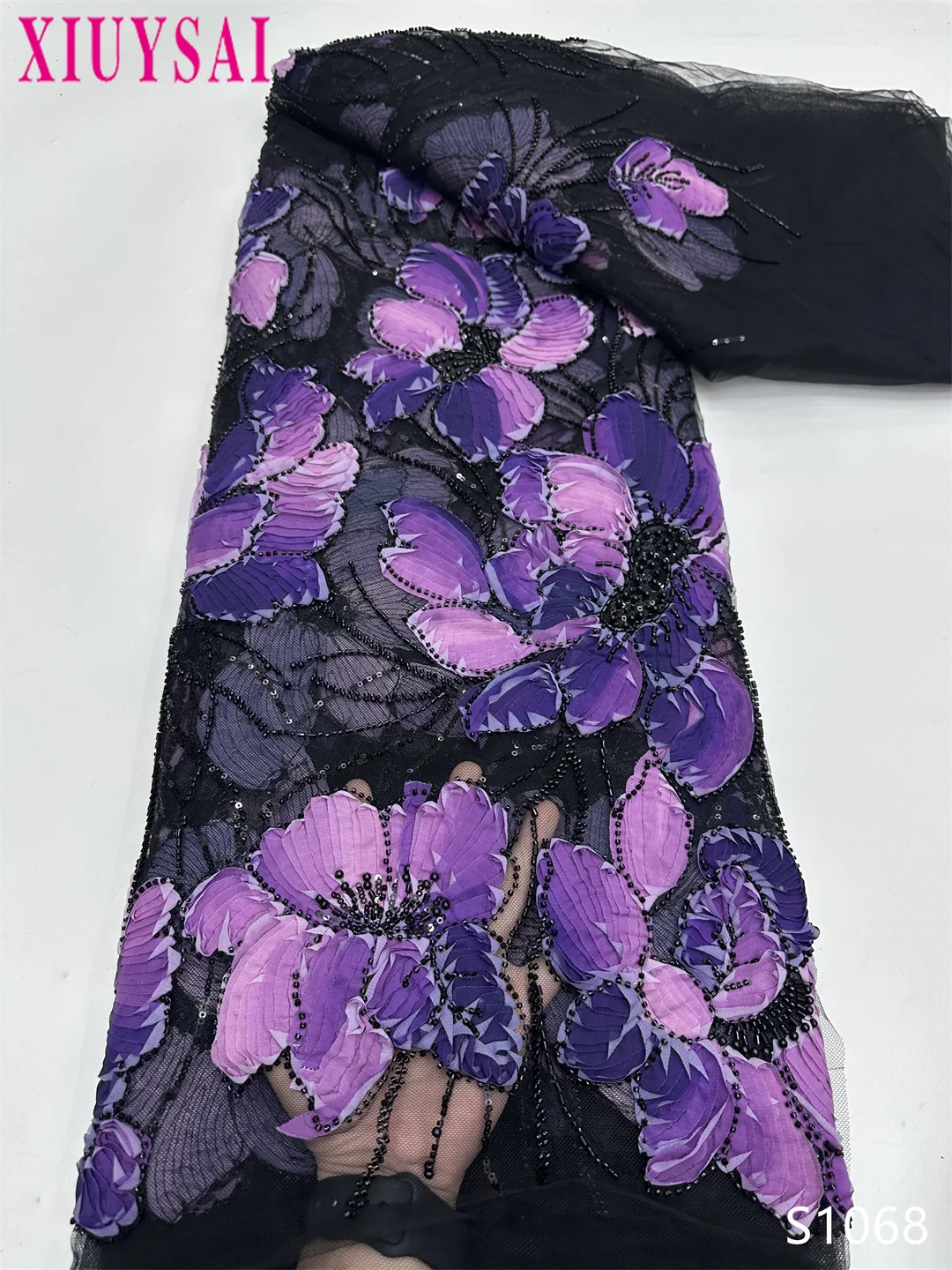 

Luxury Handmade Beaded Lace Fabric with Sequins Mesh for Wedding Dress 2025 France High-End Elegant Nigerian Style