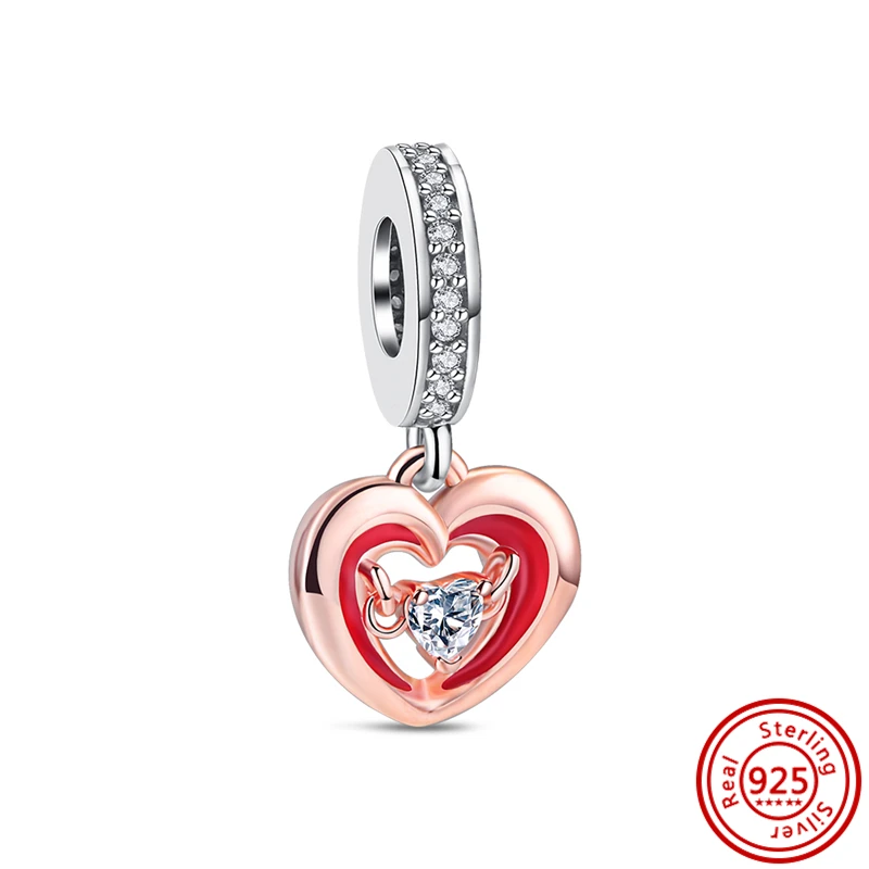 Bracelet à breloques Pandora en argent regardé 925, coeur rouge radieux, perle de coquille de rouge à lèvres, toujours amour, convient aux bijoux Pandora originaux