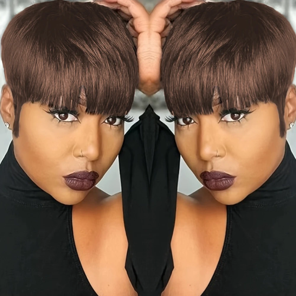 컬러 가발 픽시 컷 스트레이트 인간의 머리 가발 여성용 전체 기계 제작 인간의 머리 가발 150% 밀도 6인치