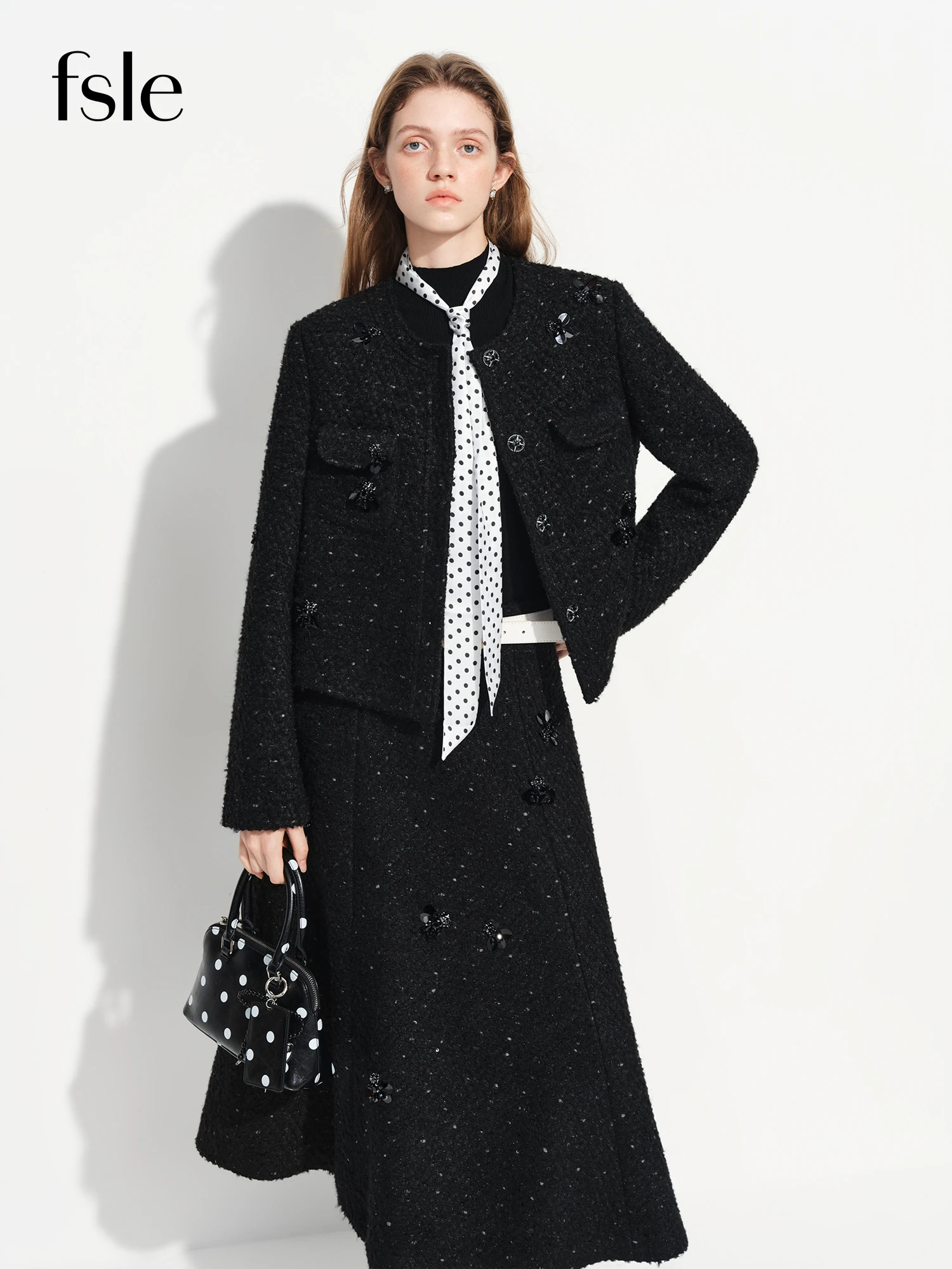 ​FSLE Women's Black Tweed Suit Spring 2026 New Style Two-Piece Elegant Set with Rhinestone-Studded Jacket and Skirt