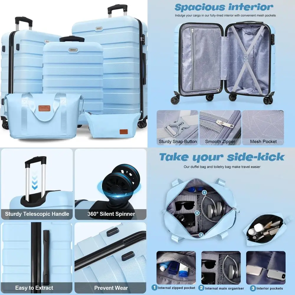 

Легкий набор чемоданов из 5 предметов из АБС-пластика с 4 универсальными колесами, замком TSA и чемоданом для путешествий.