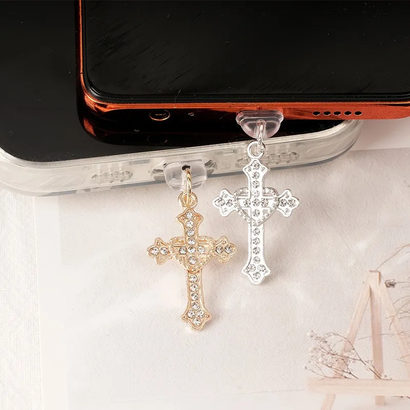 Rhinestone Cross Phone Dust Plug Hollow Heart Crystal Pendant for iPhone Samsung Android Type-C Charging Port Gift for Women
