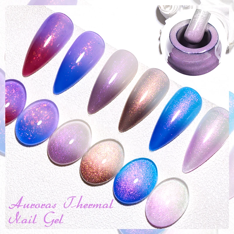 MEET ACROSS 7ml Auroras Thermal Gel Nail Polish Purple Glitter Temperature Color Changing Semi Permanent Nail Art Gel Varnish