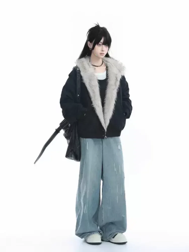 Amerykańska kurtka z kapturem i futrzanym kołnierzem w stylu retro, pikantna i modna, zimowa, bawełniana, w stylu Y2K Harajuku, damska, gruba i pluszowa, ciepła bluza.