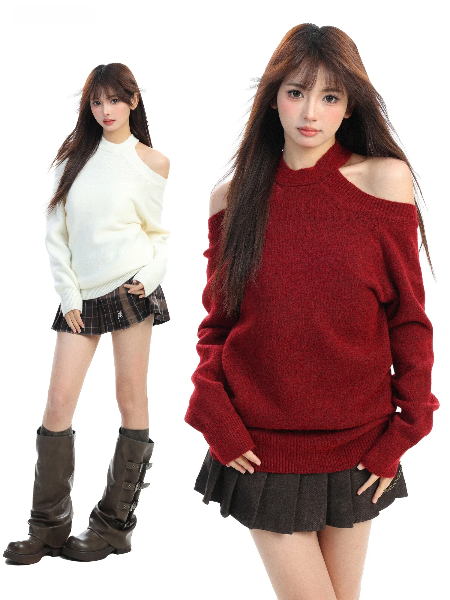 

Street Style Red Knitted Sweater Women's Loose Fit Shoulder Bared Necktie Autumn Winter Warm Breathable Casual Top