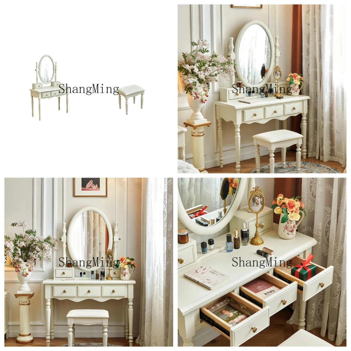 

PYH White Cream Wind Full Solid Wood Dresser Master Bedroom with Mirror Dresser