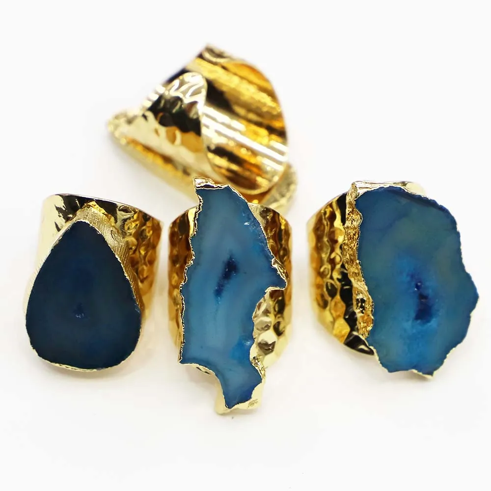 Free Shipping Natural Raw Stone Blue Irregular Agate Geode Ring Gold Plated Edge Adjustable Finger DIY Jewelry Wholesale 3Pc/Lot