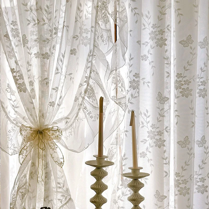 French Romance Ruffle Sheer Curtains White Butterfly Flowers Lace Voile Window Drapes for Bedroom Cafe Living Room Kitchen