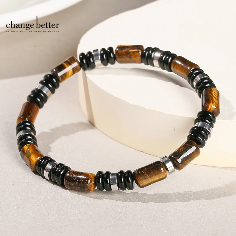 Natural Stone Yellow Tiger Eye Tube Bead Spacer Bracelets Women Men Classic Stainless Steel Elastic Bangles Yoga Energy Jewelry