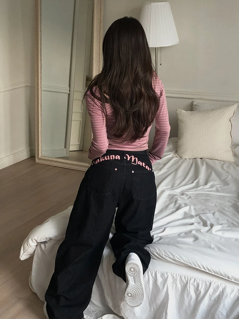 

Retro Loose Slimming Wide Leg Straight Cut Embroidered Denim Jeans Women's Casual Long Trousers Cool Spicy Sweet Label
