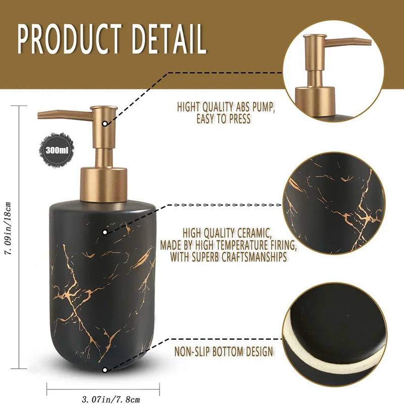 1 PCS 300ml Ceramic Soap Dispenser Refillable Marble Pattern Essential Oil Liquid Shampoo Pump Bottle Bathroom Kitchen Container