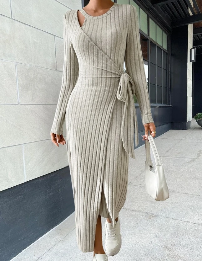 

Womens Dresses 2023 Spring Fashion Ribbed Tied Detail Wrap Casual Round Neck Plain Long Sleeve Daily Maxi Dress Woman Clothing