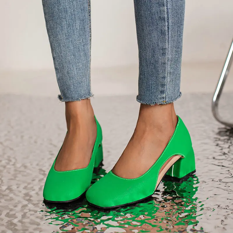 Size 33-48 Purple Green Pink Shallow Hollow Cut-out Closed Toe Women Chunky High Heels Spring Summer Pumps Concise Luxury Shoes