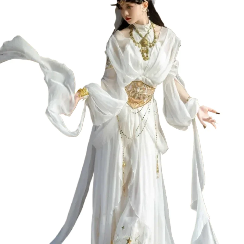 

Exotic Western Dancer White Elf Saint White Halter Dress Flowing Princess Dress Greek Style Hot Stamping Lolita Daydreamer Set