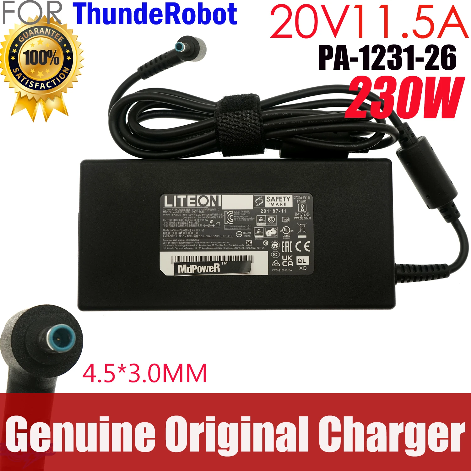 Genuine OEM Liteon PA-1231-26 20V 11.5A 230W AC Adapter for ThundeRobot 911 Plus G2 Pro 7 i9-13900HX RTX 4060 4.5x3.0mm Blue Tip