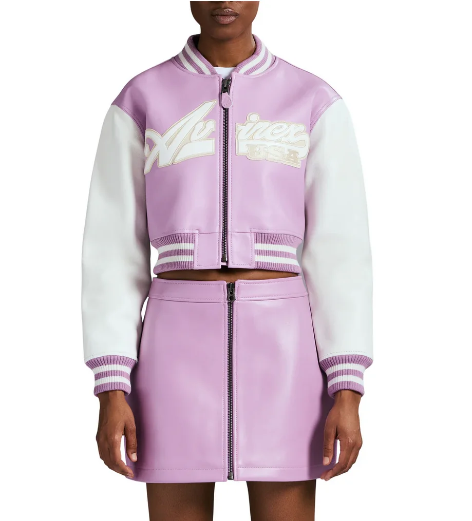 Avirex VARSITY JACKET100 % ยุโรป Lamb หนัง Cropped Elegant Tailored Cropped Script JACKET ผู้หญิงเสื้อหนัง Tops