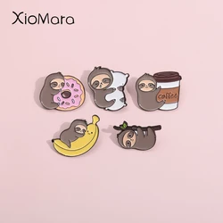 Lazy Sloths Hanging On Branches Enamel Pins Custom Banana Donut Sloth Brooches Lapel Badges Jewelry Gift For Kids Friends