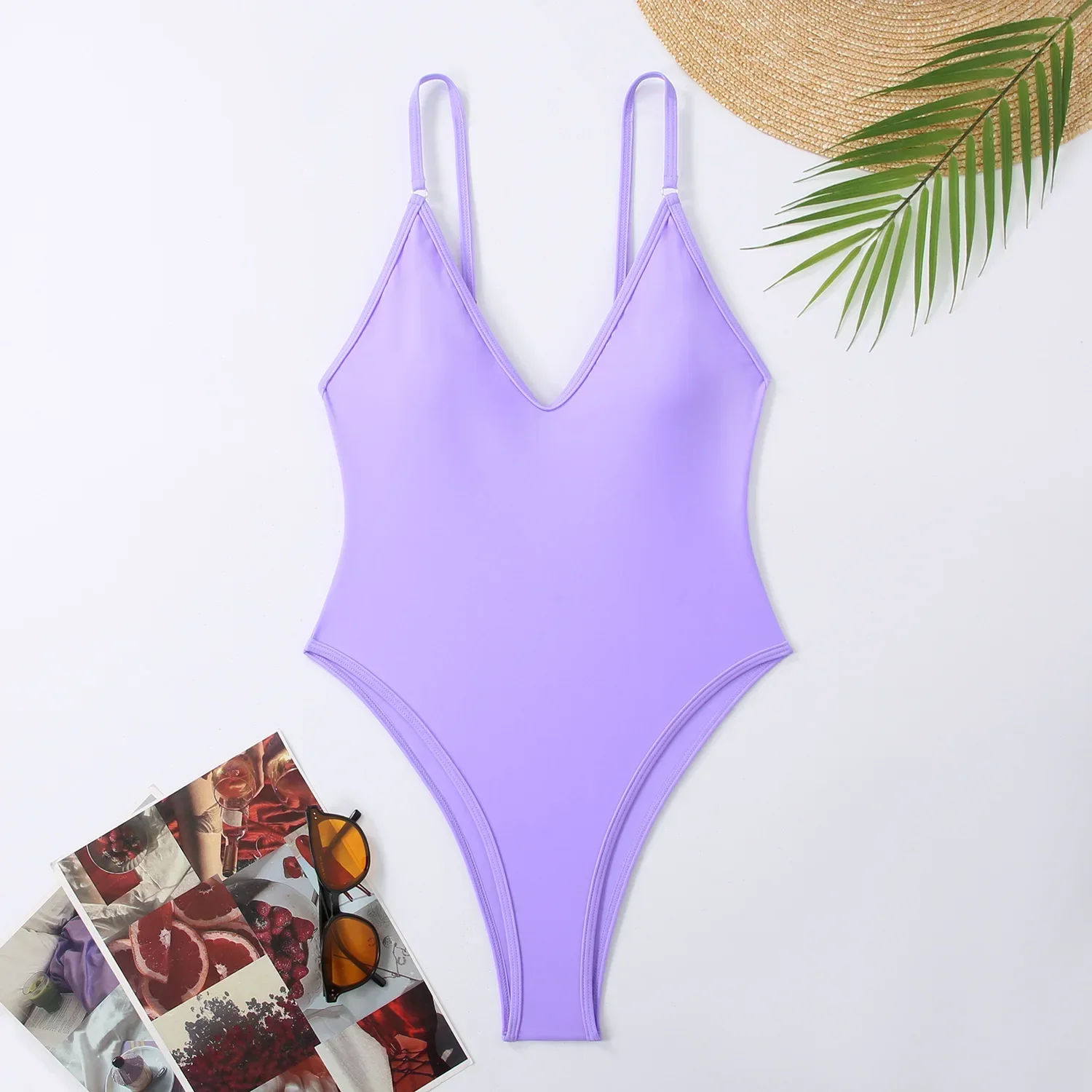 Sexy V-Neck One Piece Swimsuit for Women Swimwear Solid Color High Cut Monokini High Waisted Bathing Suits Beachwear Bodysuit