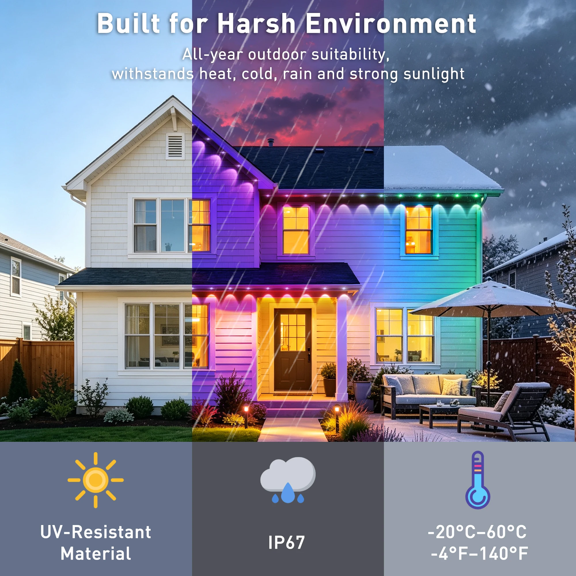 300ft Waterproof Permanent Outdoor RGBIC Lights String, Gradient Square Eave Lights App & Remote Control Lights with Music Sync, DIY Scene Modes for House Eaves, Christmas, Halloween