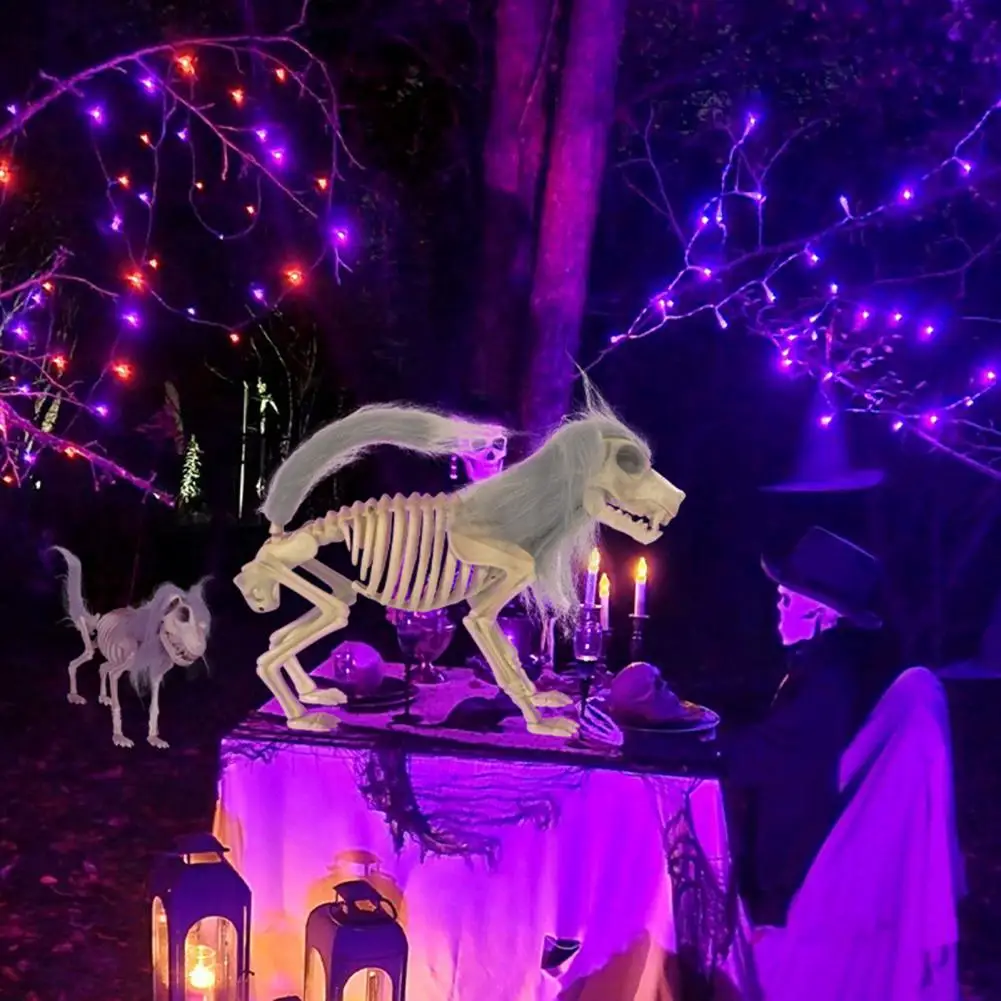 Halloween Skeleton Posable Standing Dog Skeleton with Movable Joint Plastic Dog Bone with Mane for Haunted House Graveyard Decor