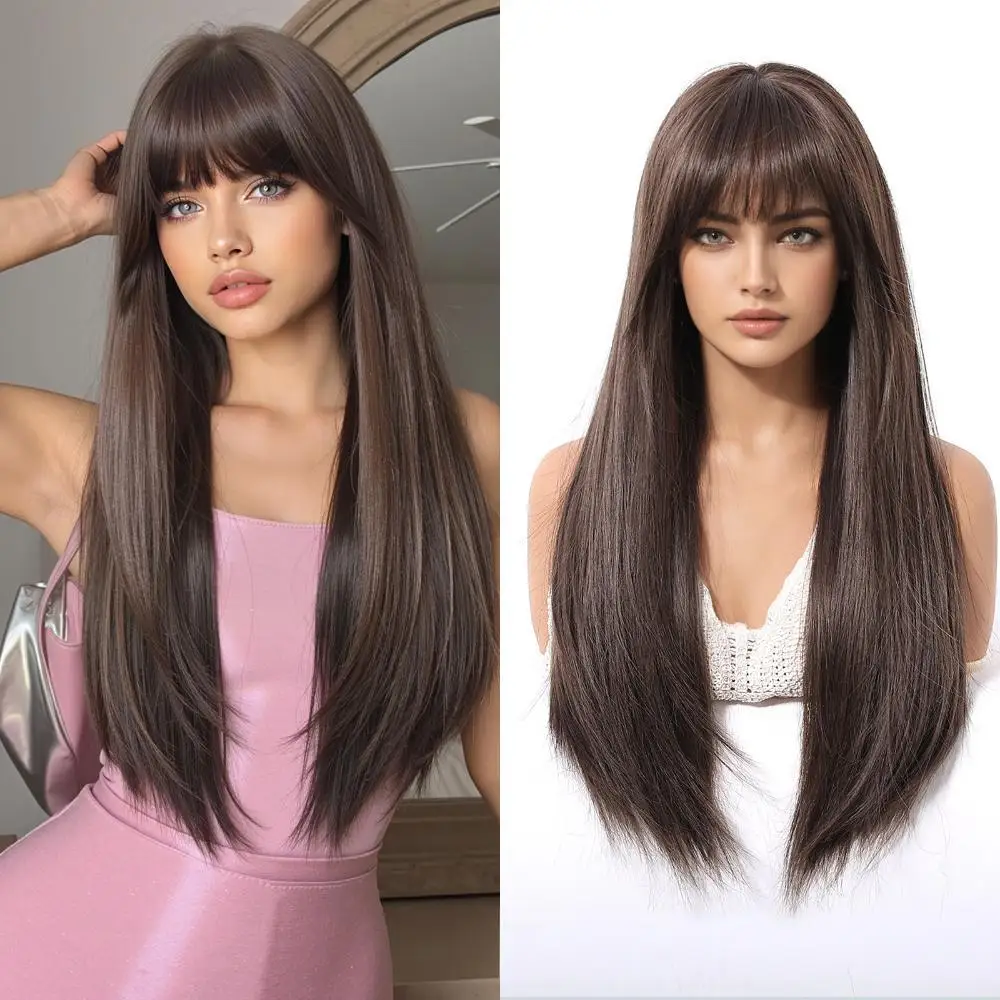 

Clearance Sale: 28-Inch Long Straight Hair With Bangs Synthetic Hair, Suitable For Ladies' Daily Parties, Halloween Heat-Resista