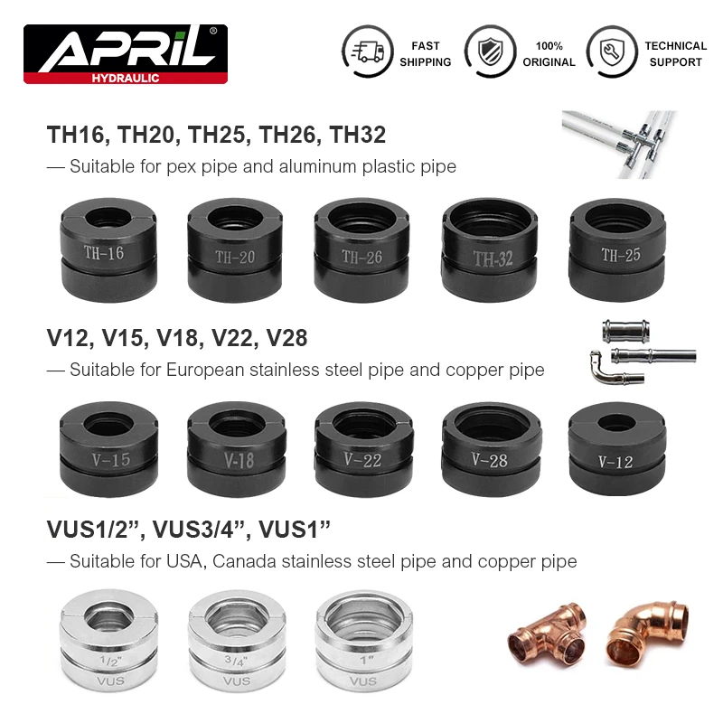 Tipos de moldes para prensar tuberías hidráulicas TH, troqueles para tuberías en U para accesorios Pex y troqueles para tuberías V, M, VAU, VUS para accesorios de cobre