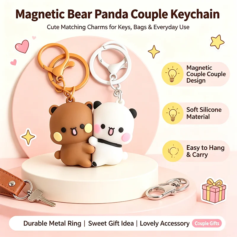 Yier Bubu Dudu Hug Bear Panda Magnetic Keychain Cute Cartoon Figure Backpack Pendant Couple Accessories Fantasy Anniversary Gift
