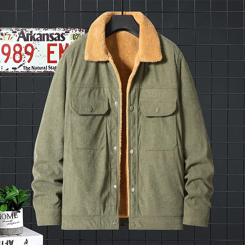

Faionable Men's Corduroy Jaet Winter New Sle Thiened Casual Outerwear Polyester Long Sve Button Closure Coat