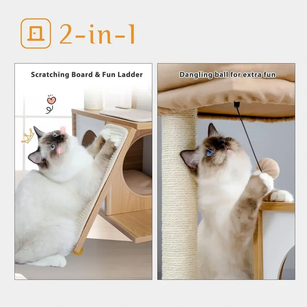 35 Wooden Cat Tower with Double Condos, Spacious Perch, Wrapped Sisal Posts, Replaceable Balls - Walnut - view 6