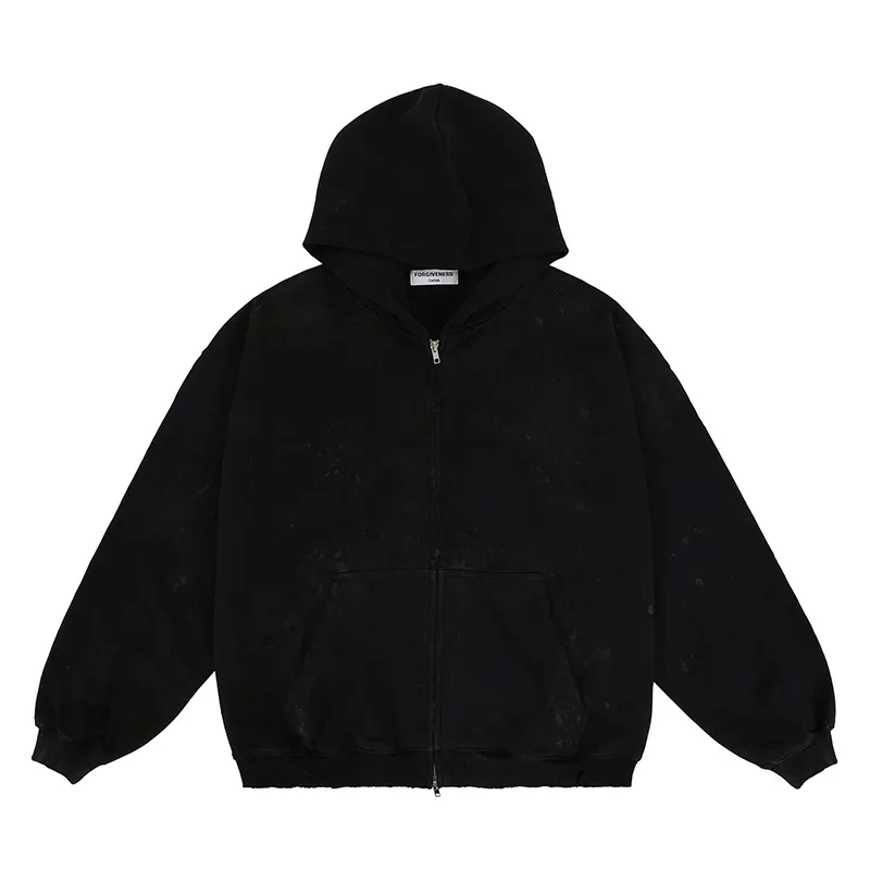 Worn scuffed and stained loose zippered hoodie