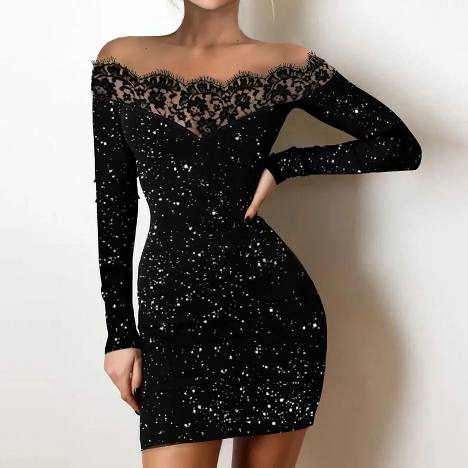 

Sexy Club Women's Dresses Fashion 2023 Slim Hot Silver Shoulder Long Sleeve Wrap Hip Black Mini Party Evening Dress Streetwear