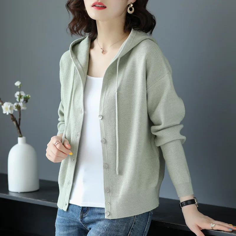 

Spring Clothes Women 2023 Knitted Cardigan Korean Fashion Casual Long Sleeve Top Button Up Hooded Knitwears Sweater Coat