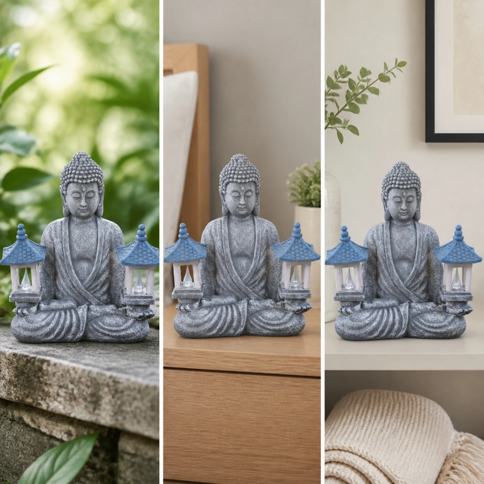 Resin Buddha Meditation Statue Stone-Like Finish Seated Buddha Statue with Lanterns Seated Meditation Figurine Calming