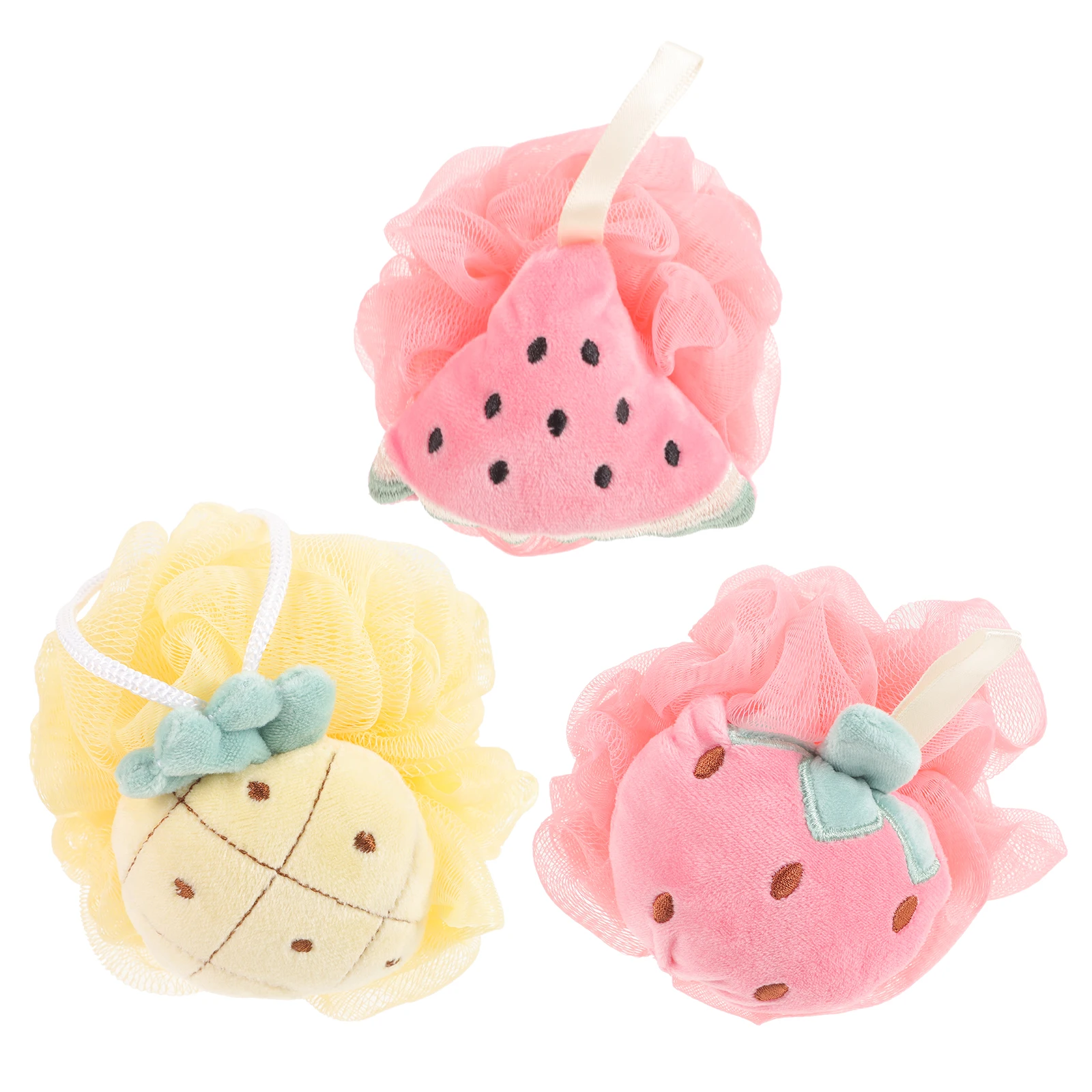 

3pcs Fruit Shaped Sponge Kids Exfoliating Bath Ball Soft Pe Shower Loofah Cute Portable Bathing Scrubber For Children Household