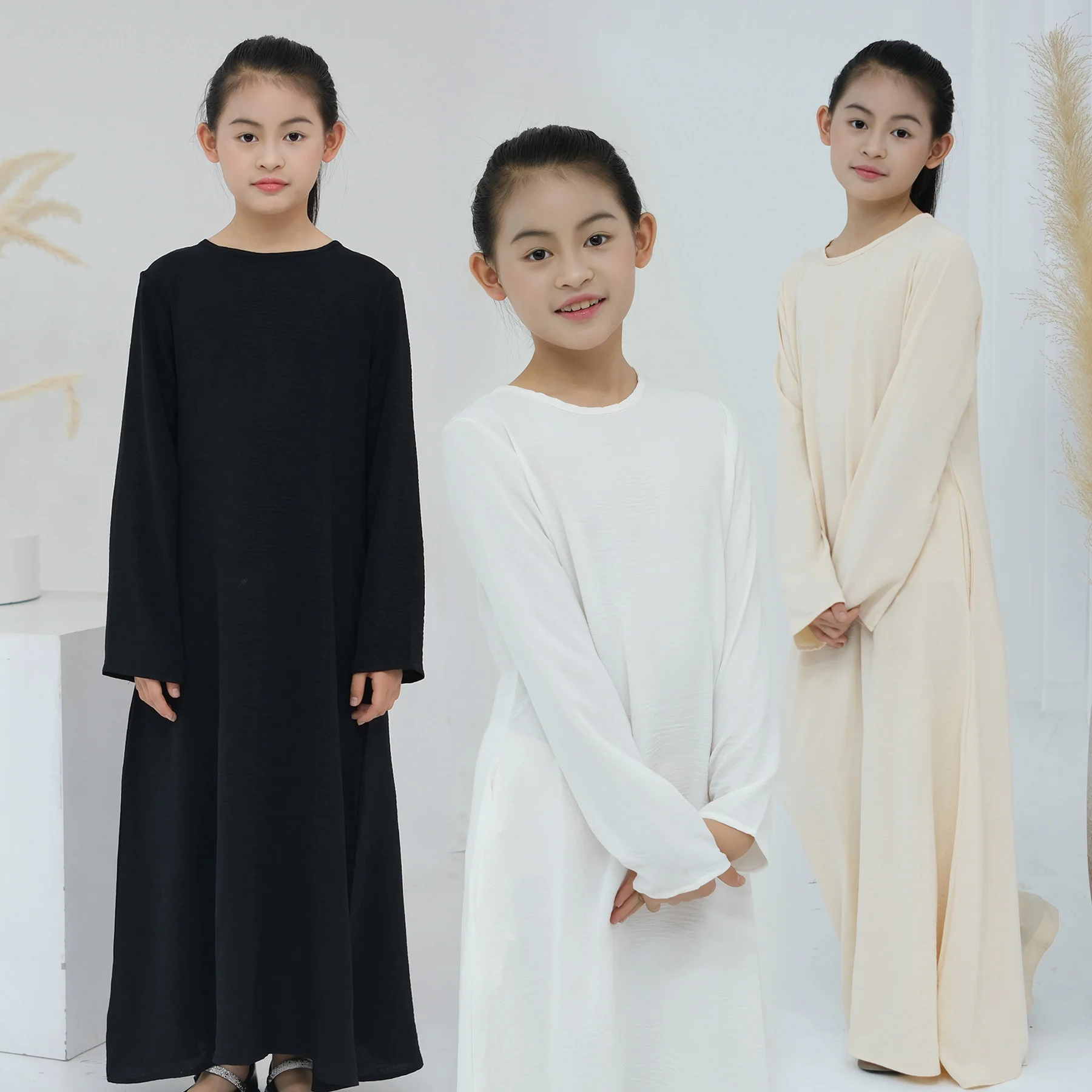 Under Abaya Dress for Muslim Girls, Round Neck, Side Pockets, Long Sleeves, Modest Hijabi Kids Robe, Islamic Clothing, Ramadan