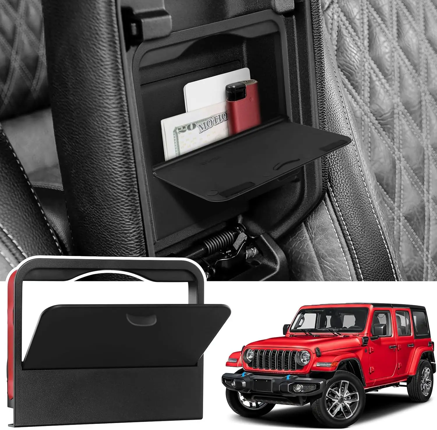 

For 2018-2025 Jeep Wrangler JL JLU 4XE and 2020-2025 Gladiator JT Accessories Armrest Storage Box Compartment One-Touch Hidden