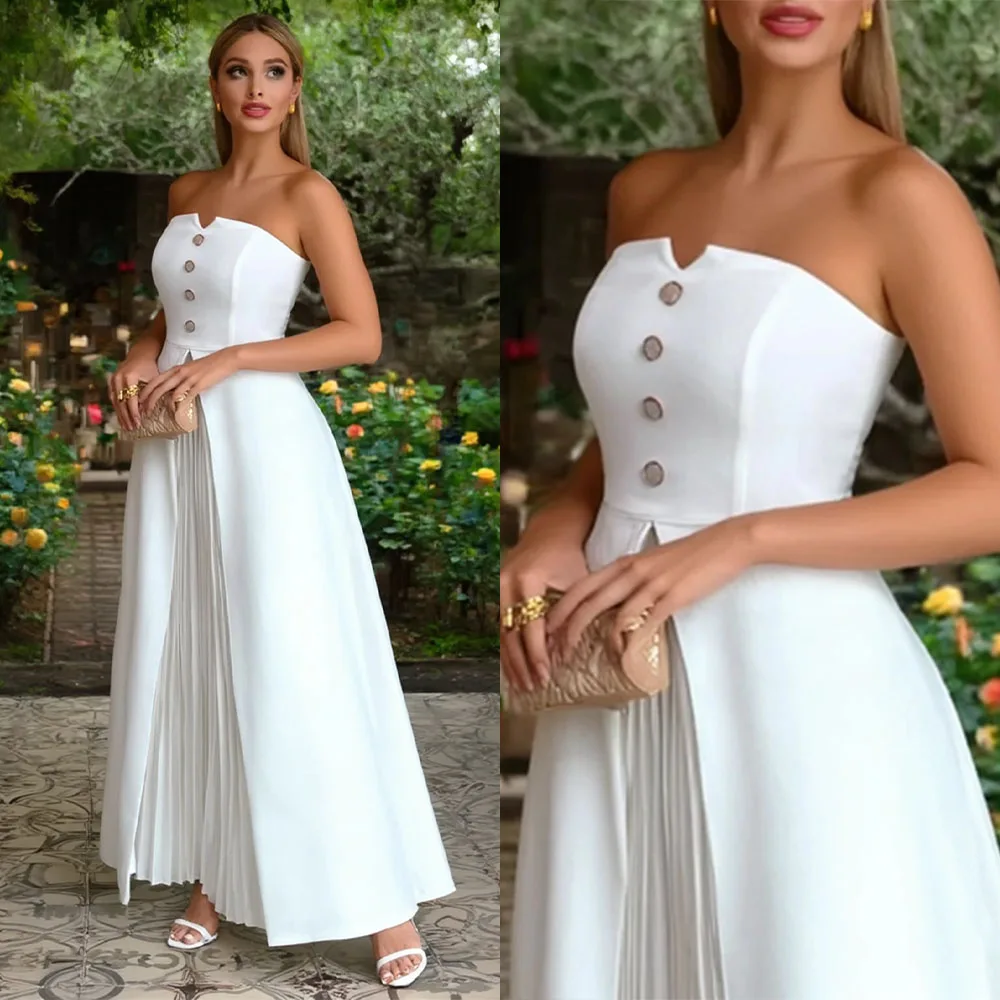 

Высокое качество по индивидуальному заказу без бретелек до щиколотки без рукавов с пуговицами и складками для женщин Vestidos Elegantes Para Mujer Para Una Boda Платье