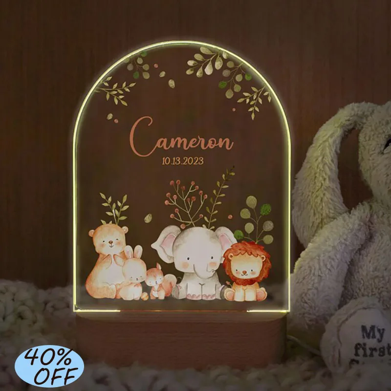 Luz nocturna de bebé con nombre personalizado, lámpara acrílica de animales de dibujos animados, decoración para habitación de niños, regalo de Navidad para niña y niño, luz de noche