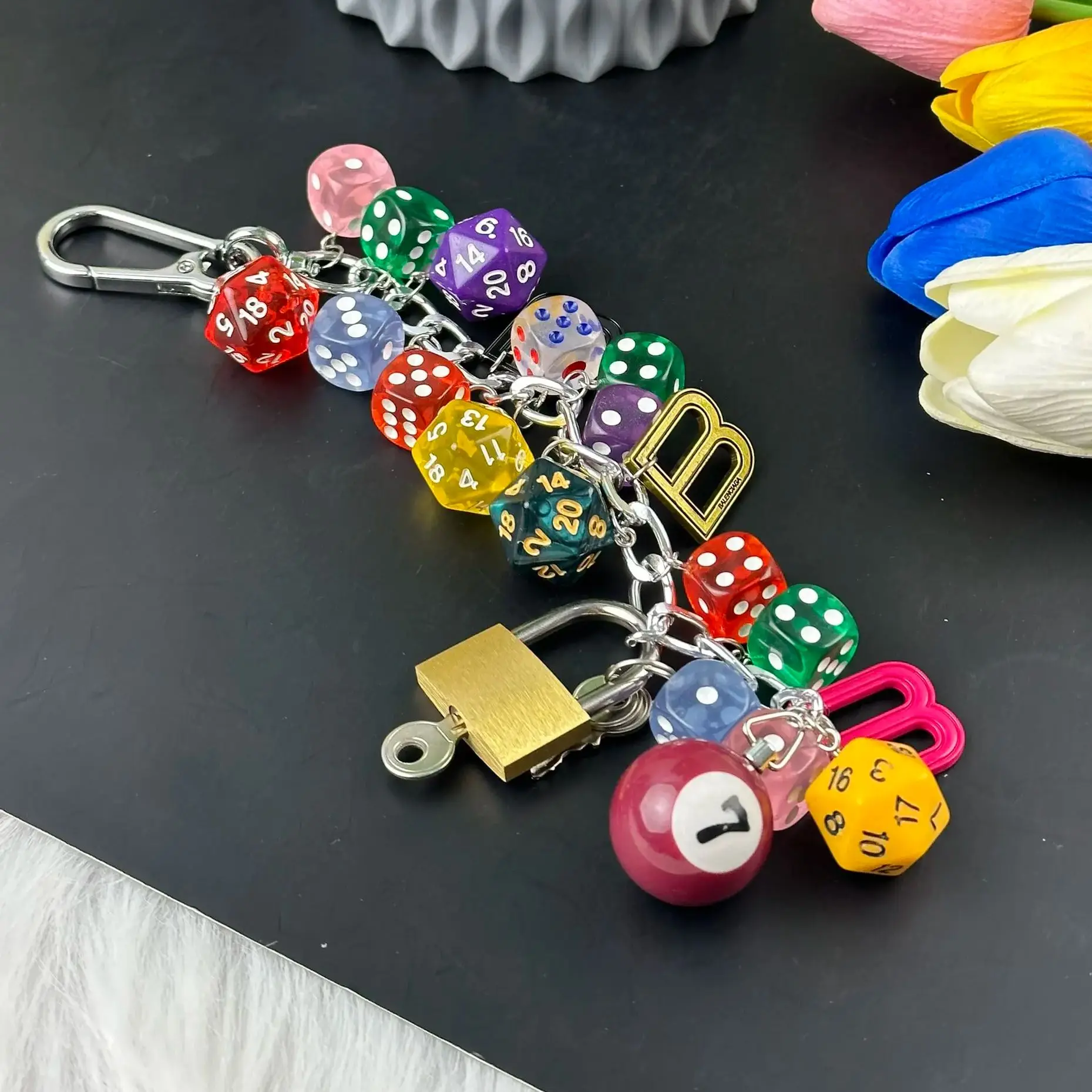 Hip-hop punk style lock head keychain colored dice Metal letter pendant backpack backpack decoration