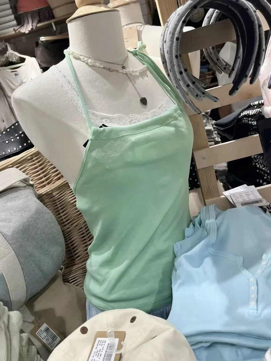 Green Lace-up Slim Halter Tank Tops Woman Summer Solid Sleeveless Sexy Backless Camisole Female Casual Vacation Style Sweet Vest