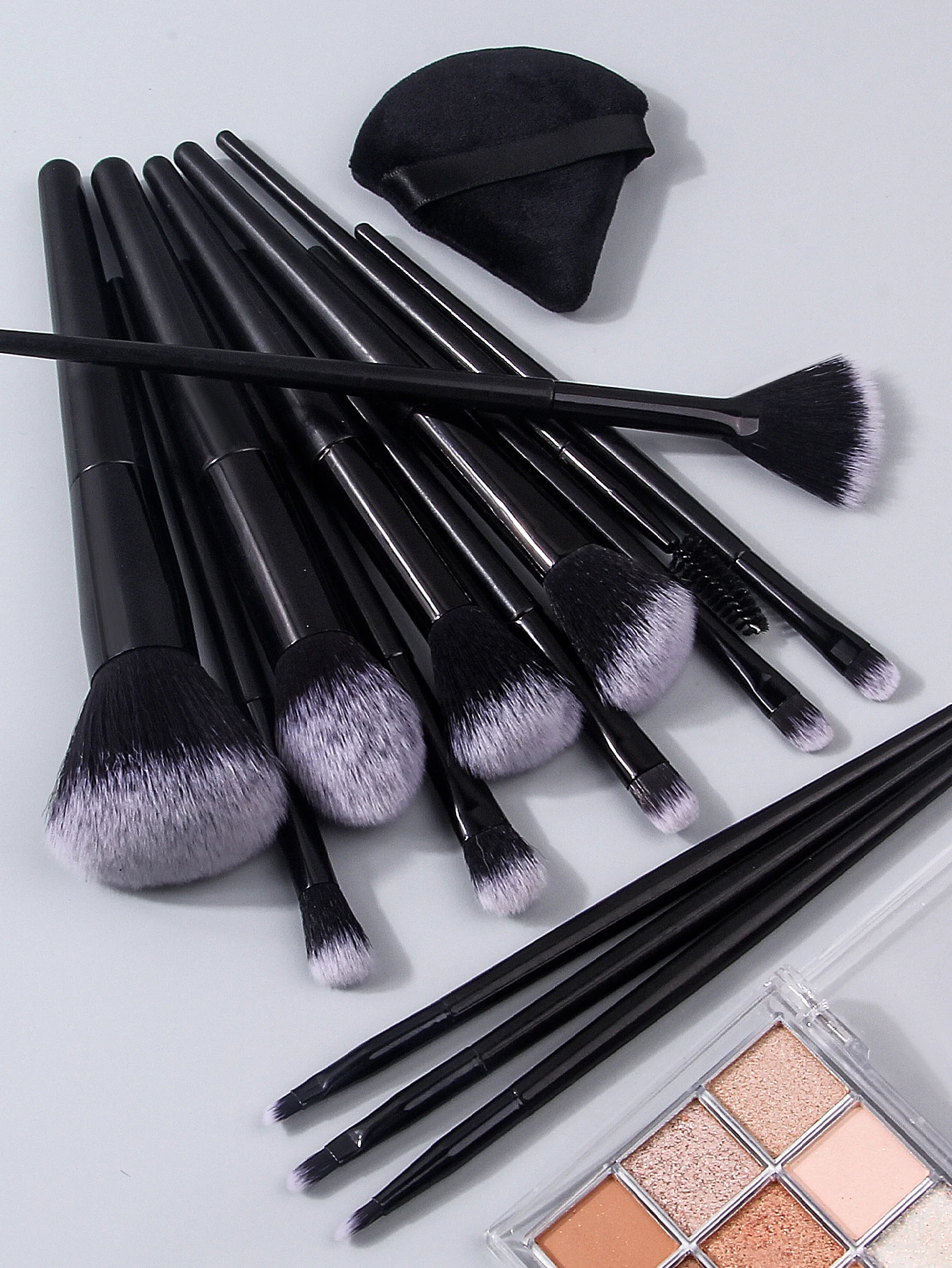 De 17-delige professionele make-upborstelset bevat een gezichtsborstelafdekking, een niet-klevende poederdons en een overdekte opbergemmer