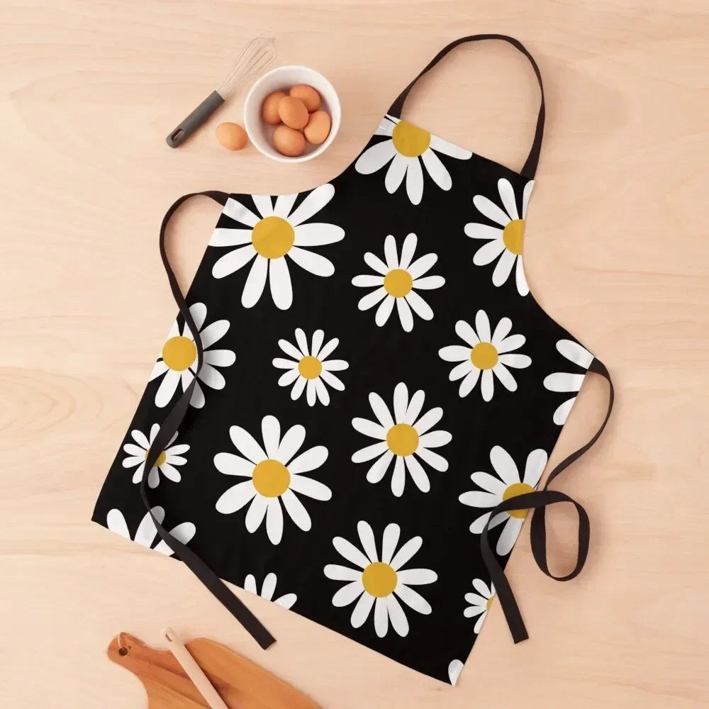 

Spring daisies floral retro pattern on black Apron Christmas gift Cooking Women Kitchen For Women Apron