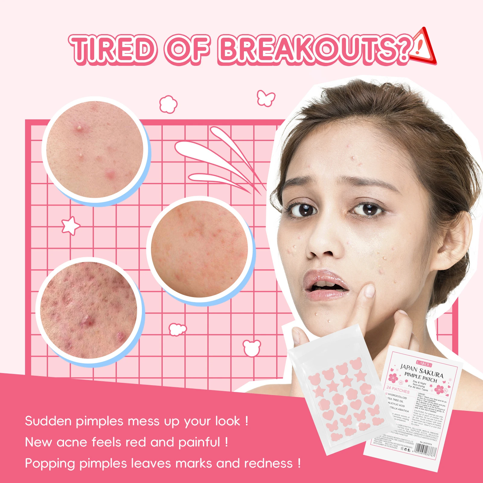 

LAIKOU Japanese Sakura Acne Patches, Hydrocolloid Pimple Stickers for Face, Invisible Concealing Blemish Cover Up 72Patches