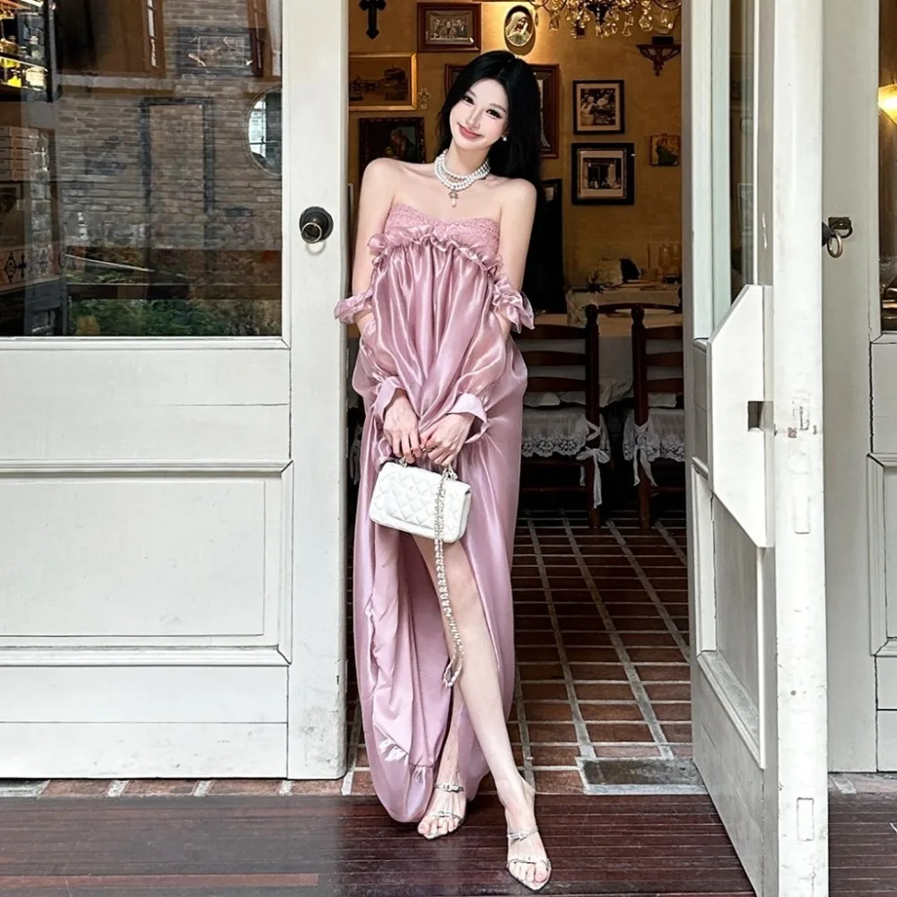 SylCue Ruched Design Wrap Chest Maxi Dresses Loose Fit Long Trailing Bud Skirt French Romantic Style Elegant Fashion Vestidos