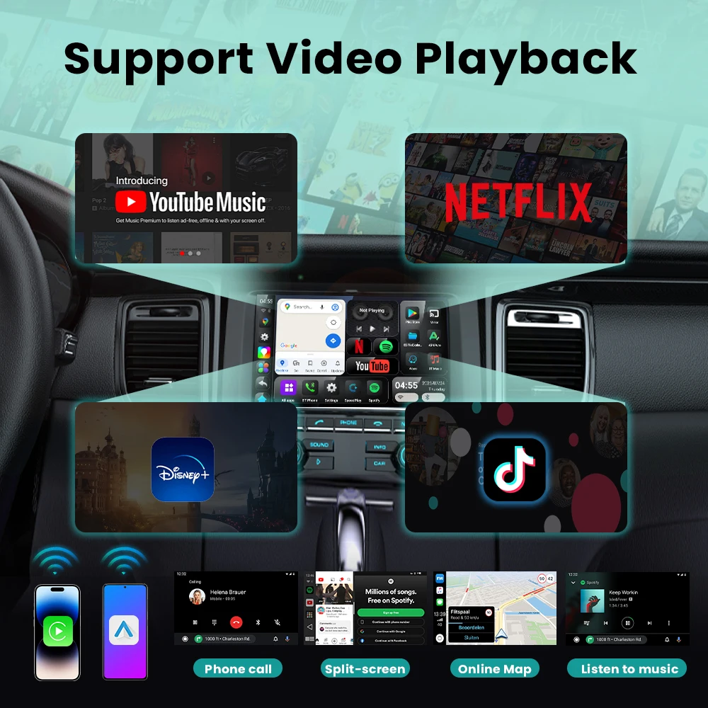 Android 15 CarPlay Ai Box لاسلكي Android Auto Dongle 8GB + 128GB لـ Youtube Netflix لـ Frod C‐MAX Flex Focus Edge F‐150 Fusion